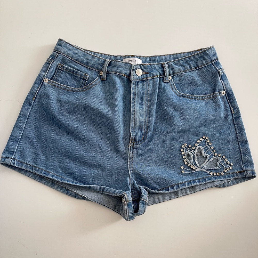 Butterfly‎ Cutout Embroidered Rhinestone High Waisted Denim Shorts 30